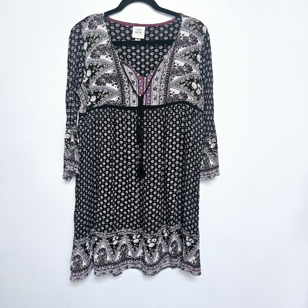 Knox Rose Paisley & Batic Print Flowy Quater Sleeve  Midi sz M Tunic Dress